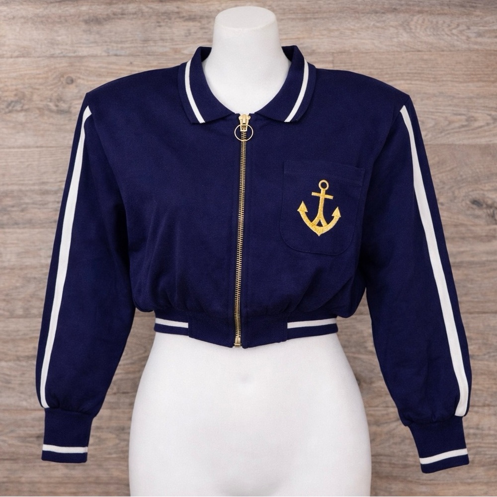 Vintage Contempo Cropped Gold/Zip Up Jacket Women L Navy Nautical Stripes Anchor